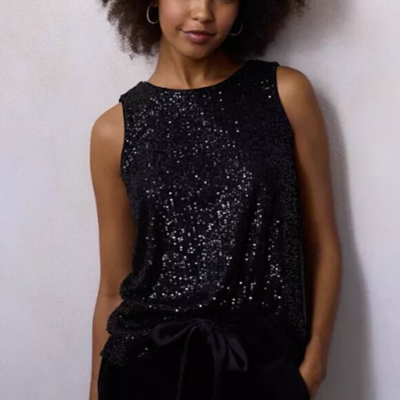 NWT Women's LC Lauren Black Sequin Conrad Scoop Neck Tank Top 3X keyhole back - Picture 1 of 13